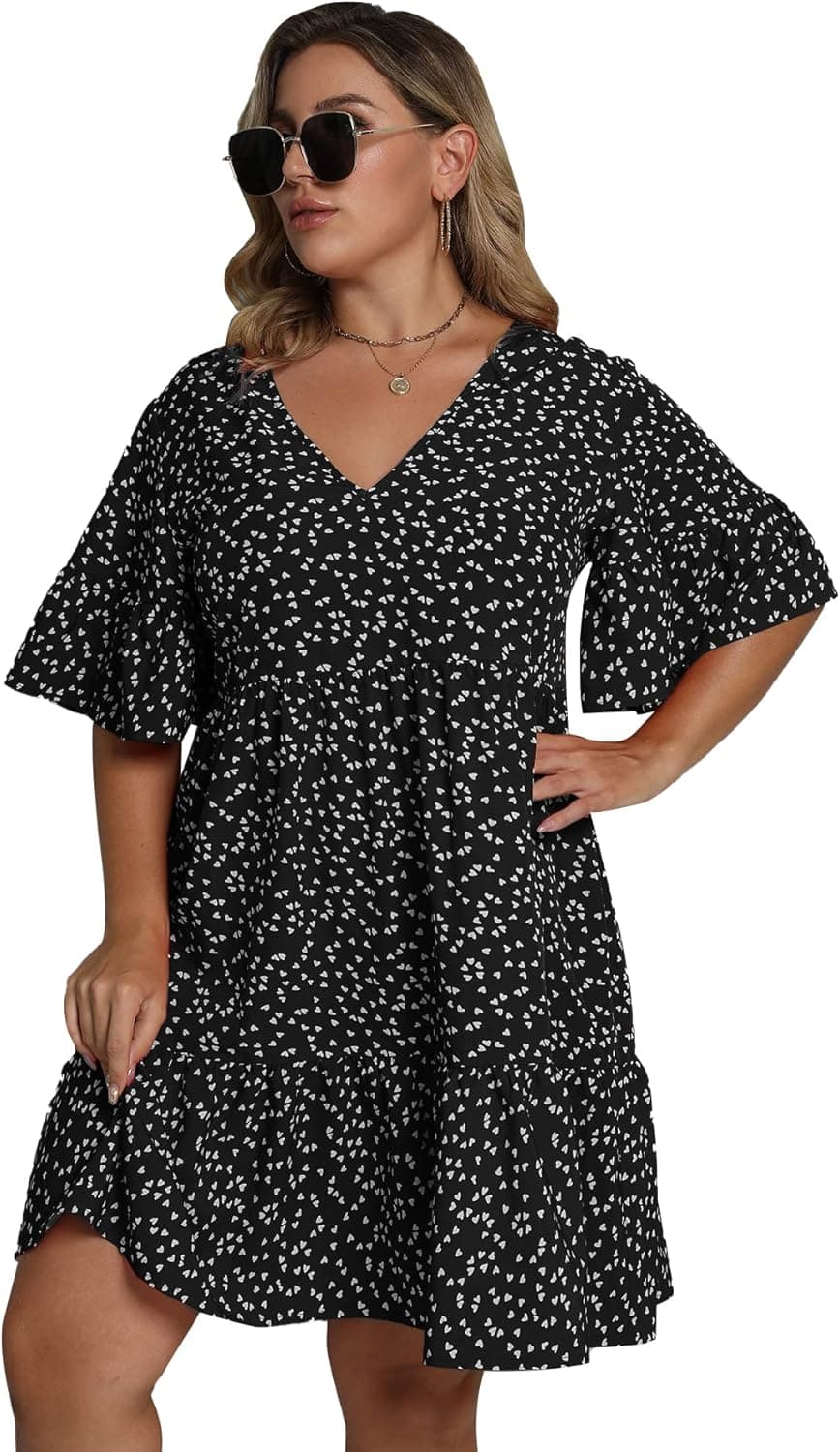 Milumia Women's Plus Size Boho Heart Print Dress Short Sleeve V Neck Ruffle Dresses
