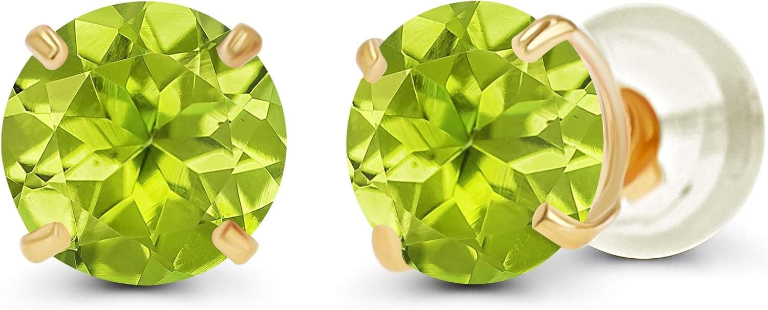 Solid 14K Yellow or White or Rose Gold 6mm Round Genuine Birthstone Gemstone Prong Set Stud Earrings For Women and Girls