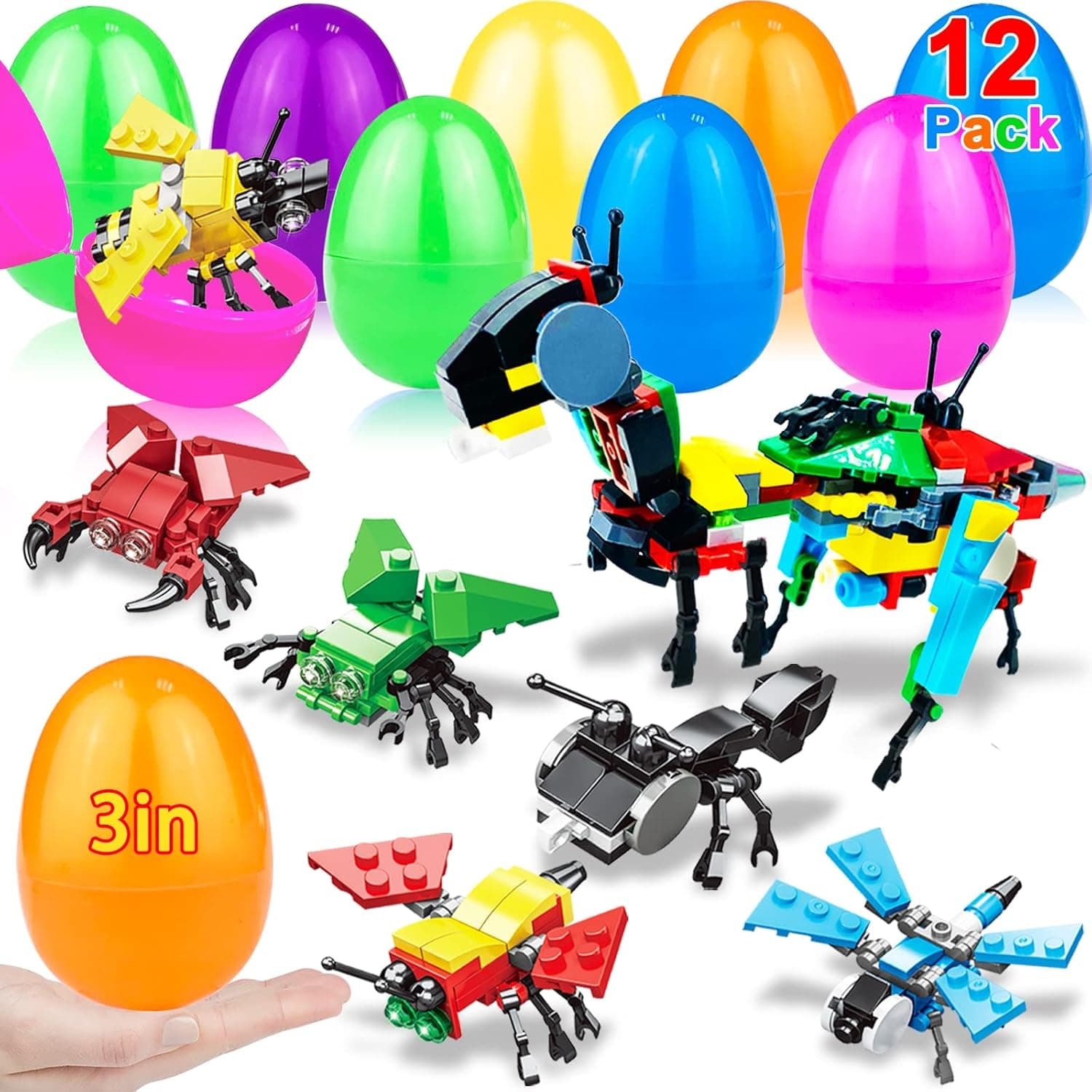 12 Pack 3" Large Easter Eggs Filled Stem Building Toys Easter Basket Stuffers 6 in 1 Transform Animal Building Blocks Easter Party Favors Gifts for Kids Toddlers Boys Girls Teens Easter Eggs Hunt