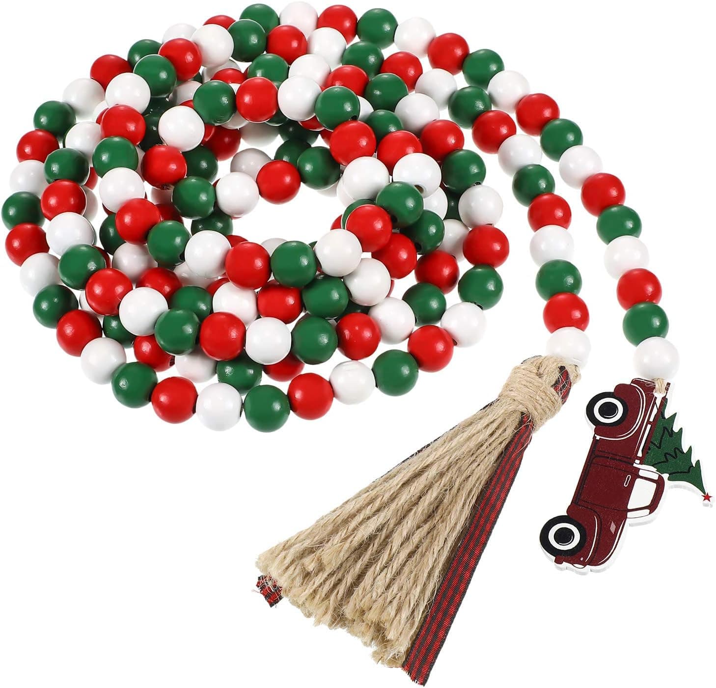 9 Feet Christmas Wooden Bead Garland Buffalo Plaid Rustic Tassels and Red Truck Tag Beaded Tassel Garland Red White Green Natural Beads Garland for Christmas Tree Holiday Ornaments Decor Farmhouse