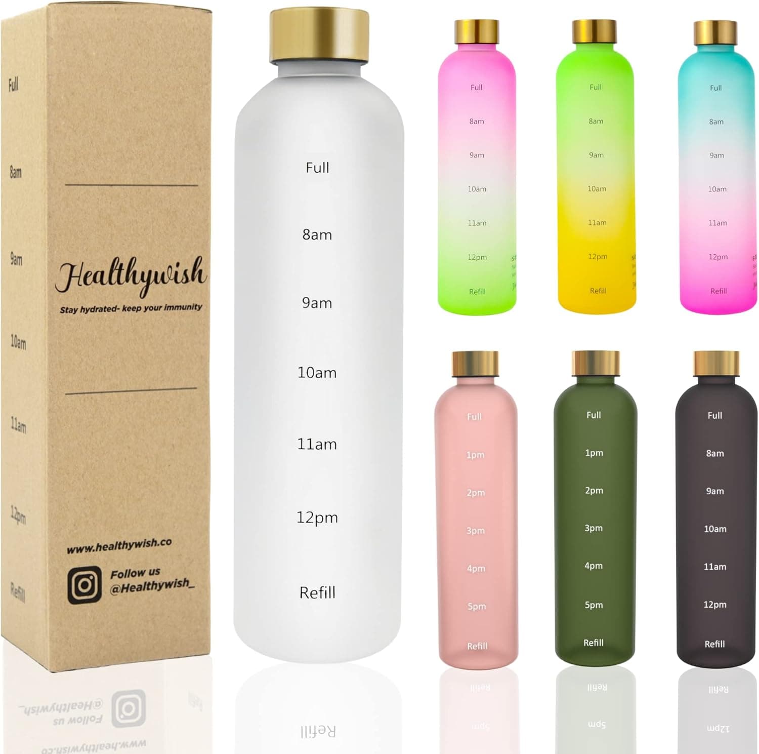 Healthywish - Time Marked Cute Water Bottles For Women And Men, BPA Free Frosted & Aesthetic Water Bottle With Time Marker, Clear Water Bottle 1 Liter | 32 Oz
