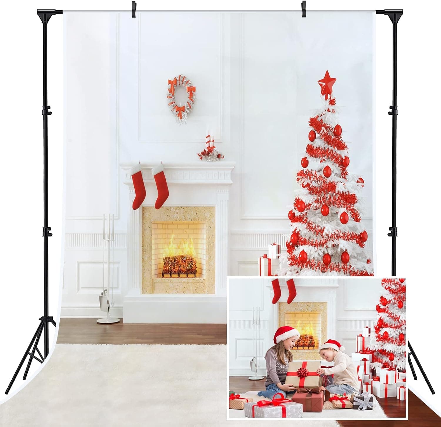 MOHOO 5x7ft Christmas Backdrops for Photography, Fireplace and Xmas Tree Backdrop for Family Merry Christmas Party Decorations, Silk Chimney Backdrop Christmas Props for Kids Photoshoot(White)