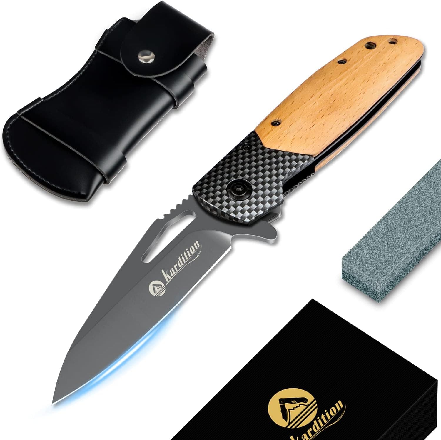 Pocket Knife [3-in-1] ivienx-X28 Folding Knife [7Cr17 stainless steel] - Camping Knife Set with whetstone & belt pouch, Camping Pocket Knife for men, womens, edc, outdoor, work
