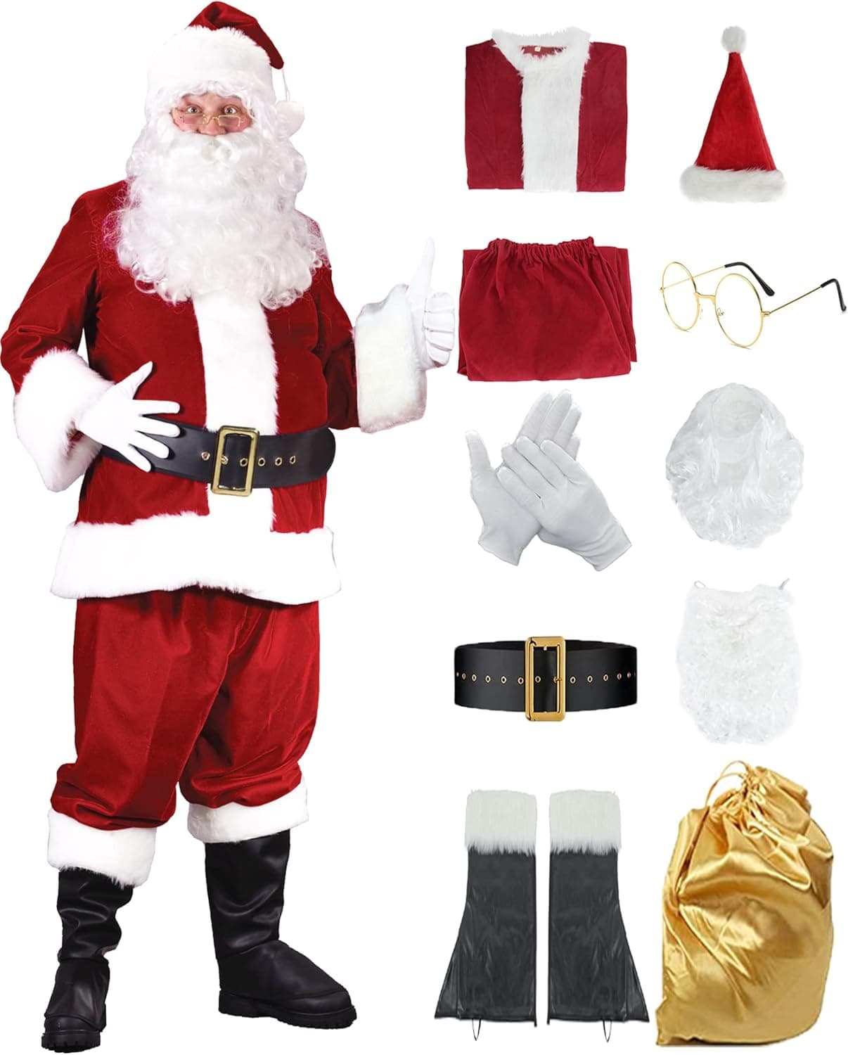 Ruimeier Men Deluxe Santa Costume Suit for Adults 10pcs Santa Claus Costumes for Christmas Xmas Velvet Red