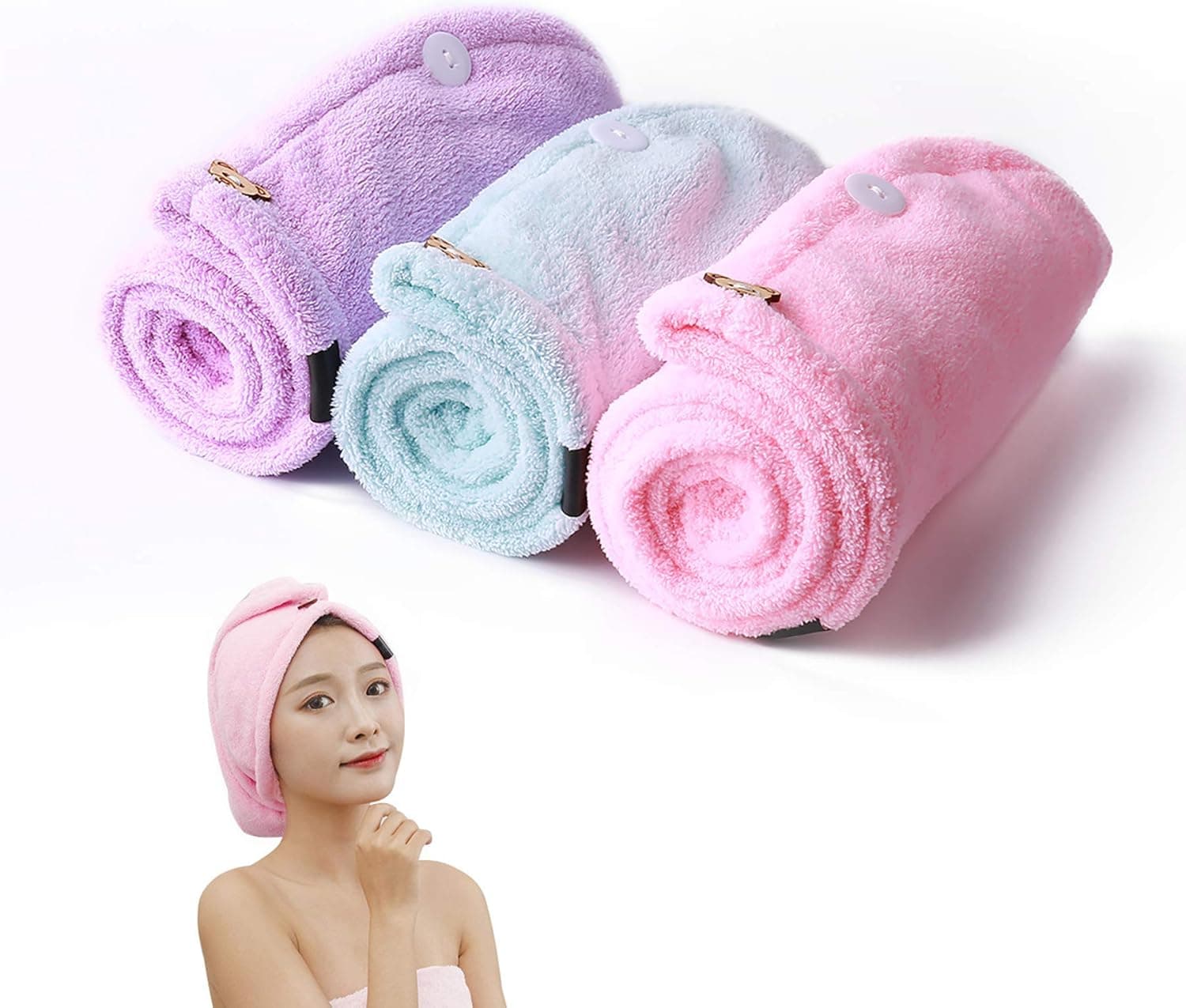 Hair Towel wrap Turban Microfiber Quick Drying and Absorbent Soft Bath Women Towel hat with Button, 3pcs (Random Color)