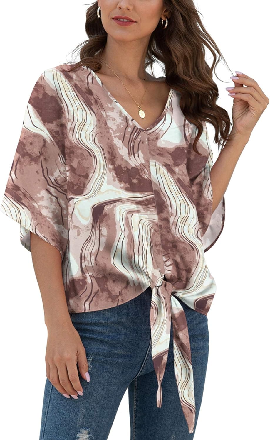 VIISHOW Womens Short Sleeve Tie Front Casual Chiffon Blouse