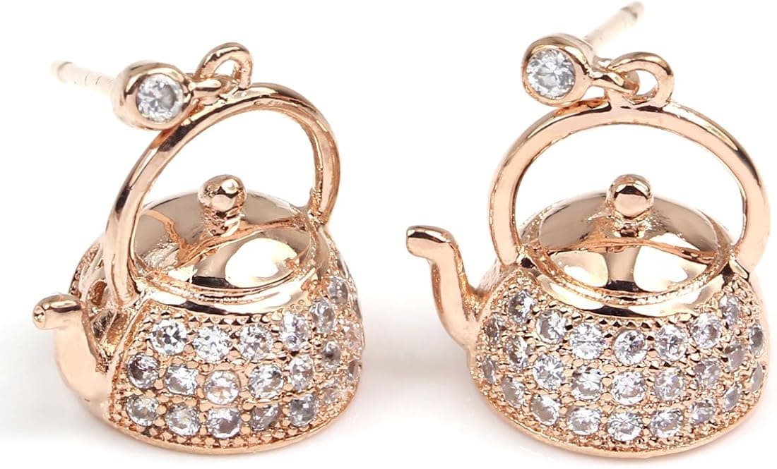 FC JORY Women Rose & White Gold CZ Kettle Teapot Crystal Pierced Dangle Drop Earrings