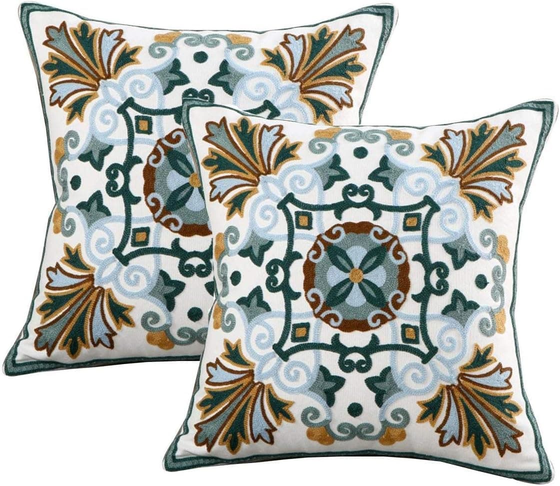 ZUODO 2 Pieces Green Cushion Covers 18x18 or 45x45cm Hand Made National Embroidery Bohemian Housewarming Car Home Decoration Cushion Cover/Throw Pillow Cover Maple Leaf-Green, 2