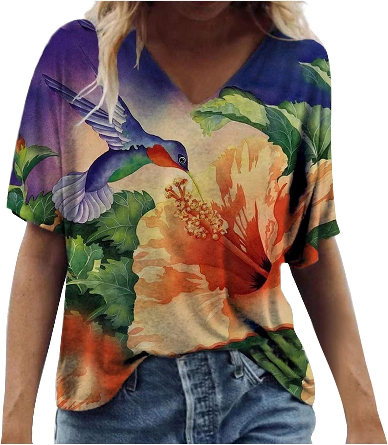 HUIHAIXIANGBAO Womens Giraffe Short Sleeve T Shirt Funny Graphic V Neck Tees Casual Loose Tops Blouse