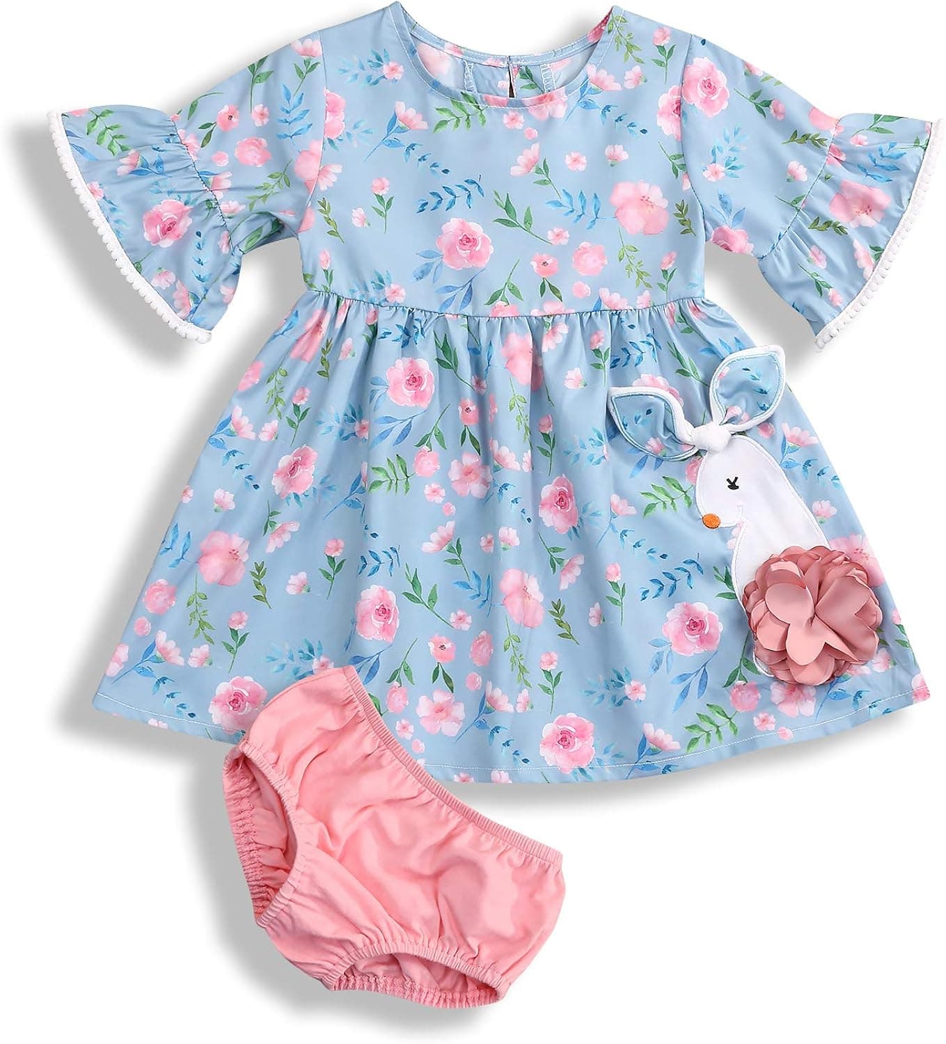 Little Girls Summer Outfits Short Sleeve Bunny Embroidery Dress + Pink Panties Clothes Sets 2Pcs