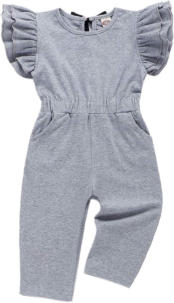 YOUNGER STAR Baby Girl Romper Casual Ruffle Sleeveless Overalls Pants with Pocket Outfits Black Gray Toddler Jumpsuit 6M-4T