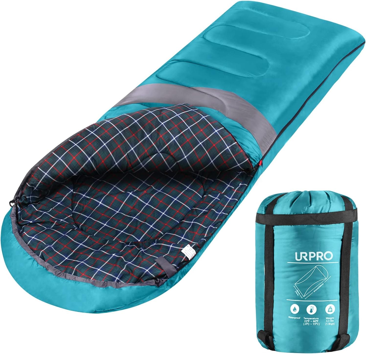URPRO Sleeping Bag 3-4 Seasons Warm Cold Weather Lightweight, Portable, Waterproof Sleeping Bag with Compression Sack for Adults & Kids - Indoor & Outdoor: Camping, Backpacking, Hiking (Green)
