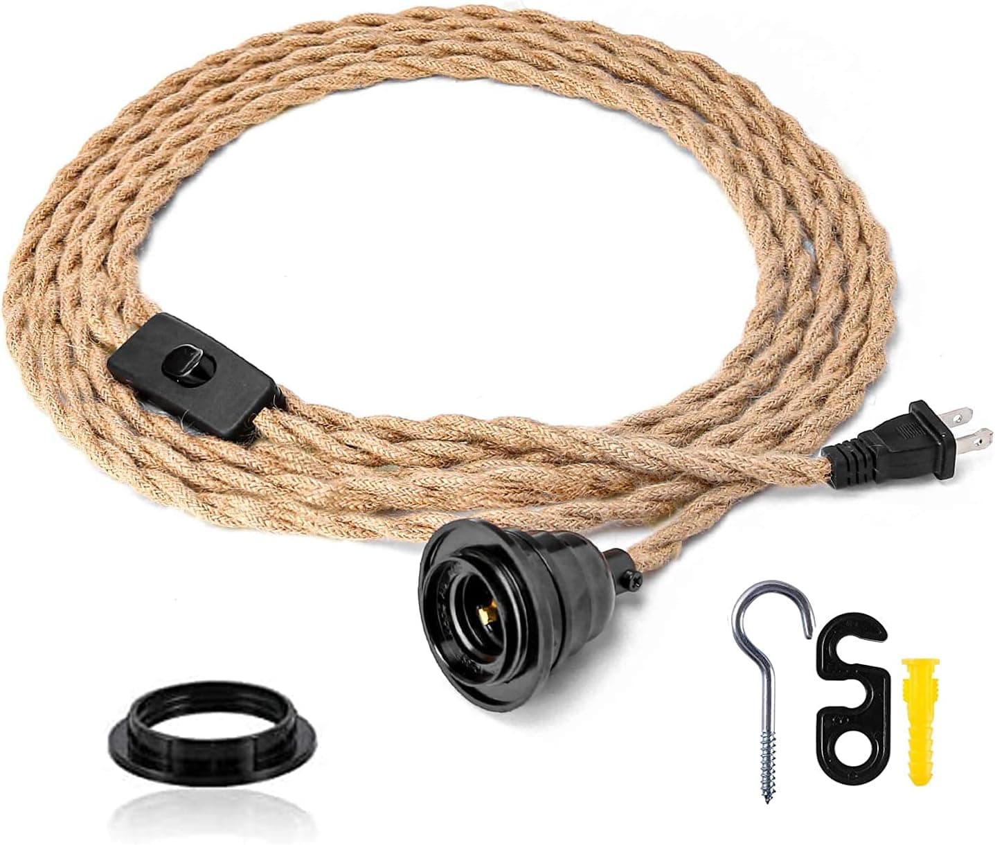 Resoxy Pendant Light Cord Hanging Light Kit with Switch Plug in Vintage Fabric Lamp Cord with Twisted Hemp Rope Pendant Lights Socket Set E26 for Pendant Lamp Farmhouse Lamp Cable DIY