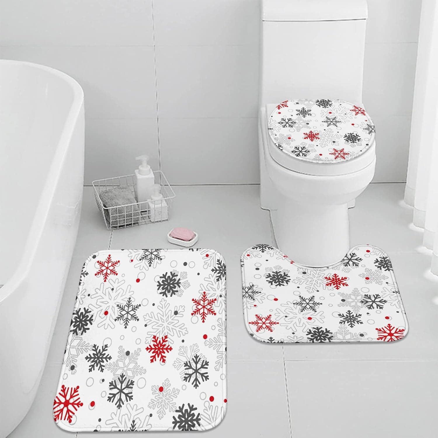 Christmas Bathroom Rug Set of 3,Colorful Snowflake 3 Pieces Bath Mats Set for Bathroom, No Silp Washable Cover Floor Rug Decorations for Kitchen Bathroom Bedroom
