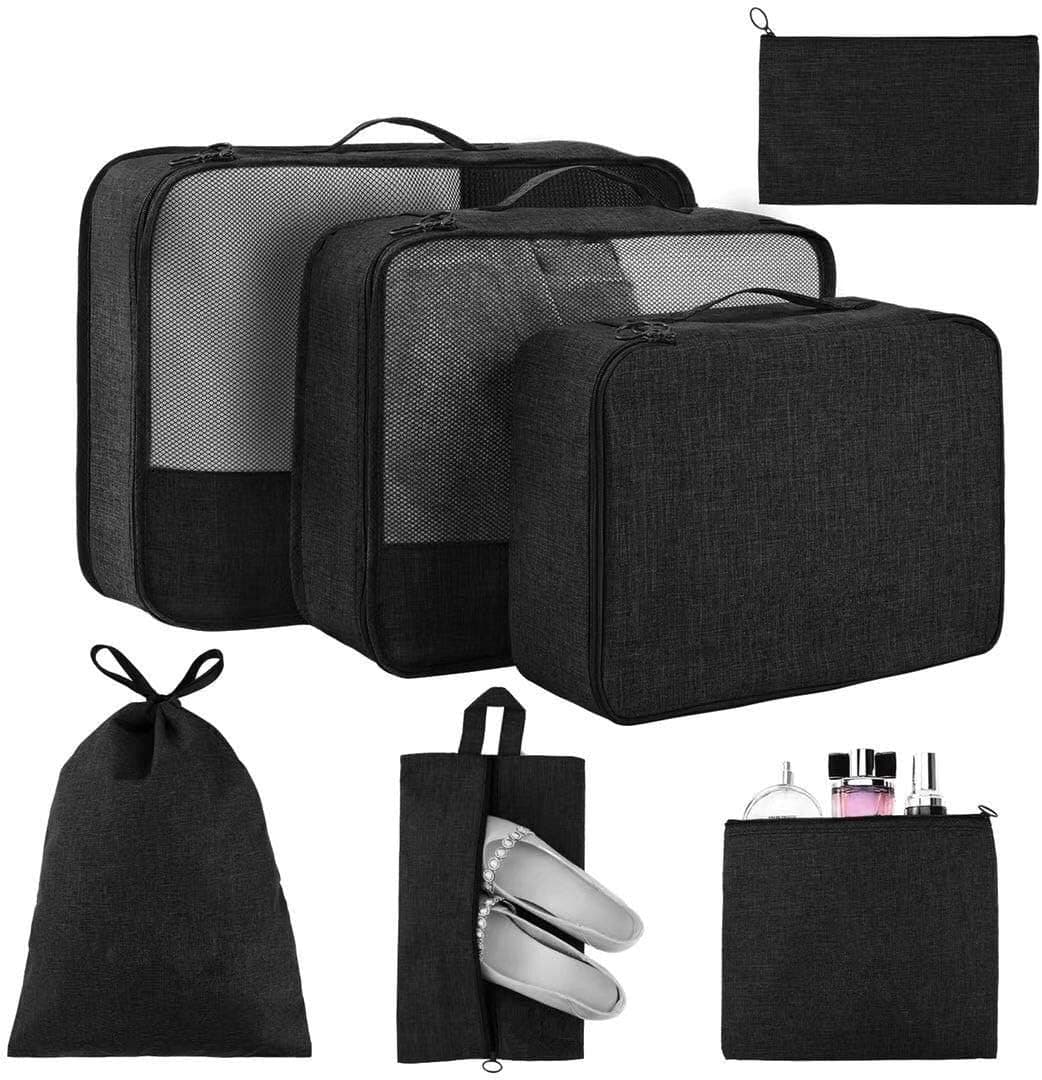 Packing Cubes for Travel 7 Set, Luggage Packing Organizers with Shoe Bag and Toiletry Bag (Black)