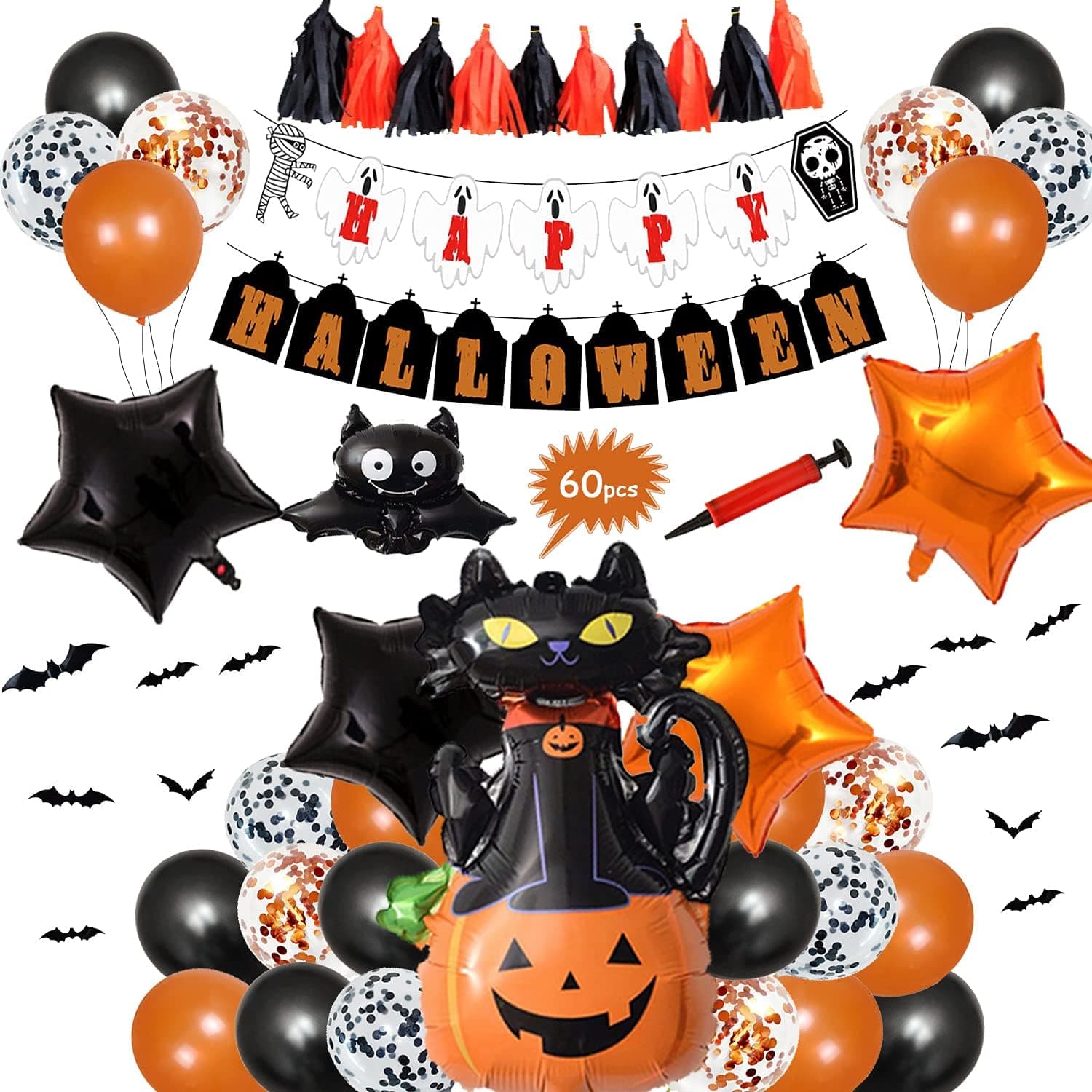SUPER YIICOO 60 Pcs Halloween Party Decoration Supplies, Happy Halloween Banner Set, Star Pumpkin Cat Inflatable Foil Balloon, Paper Tassel Garland 3D Bats Wall Stickers for Indoor Outdoor Party Decor