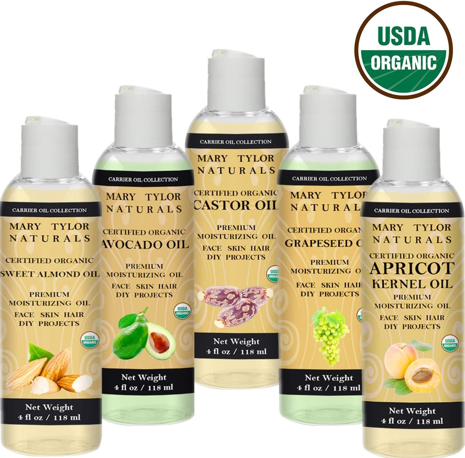 USDA Organic Carrier Oil Gift Set 4 oz Each, Cold Pressed, Unrefined Castor Oil, Avocado Oil, Apricot Oil, Sweet Almond Oil and Grapeseed Oil, Moisturizer Massage Oil Hair Conditioner for Healthy Hair