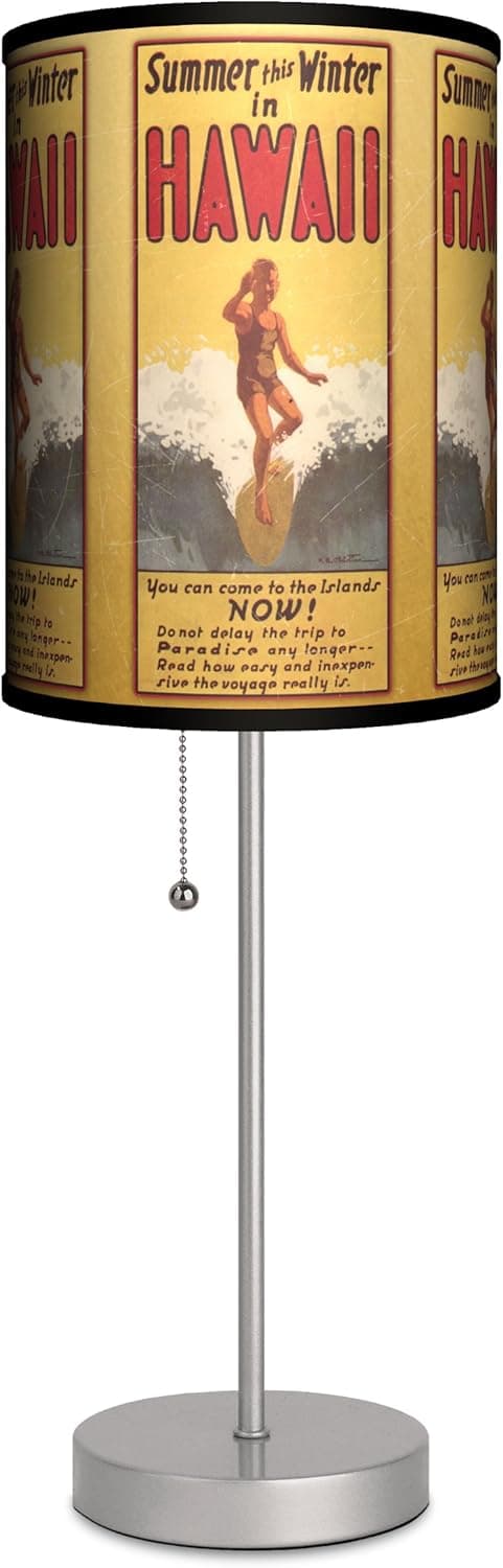 Lamp-In-A-Box Little Vintage Hawaii Surfing Table Lamp for Bedroom, Living Room, Office Desk Lighting Home Decor, Printed Lampshade Gifts