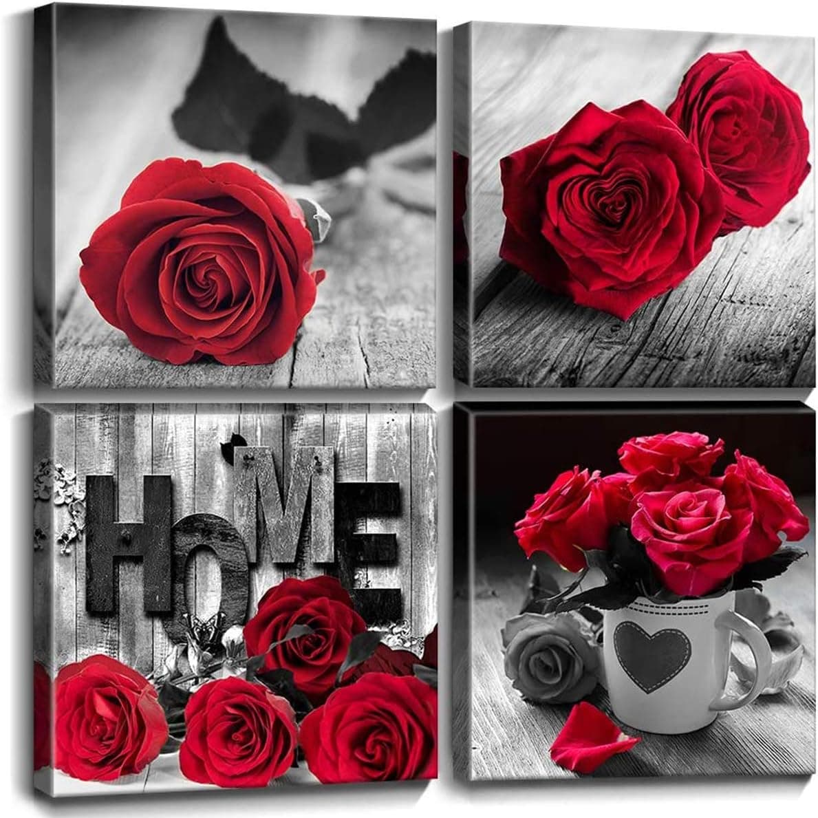 Red and Black Wall Decor Kitchen Wall Art Rose Flower Living Room Painting Black and White Canvas Artwork for Bedroom Floral Posters Bathroom Pictures Modern Family Home Decorations 16x16" 4 Pcs/Set