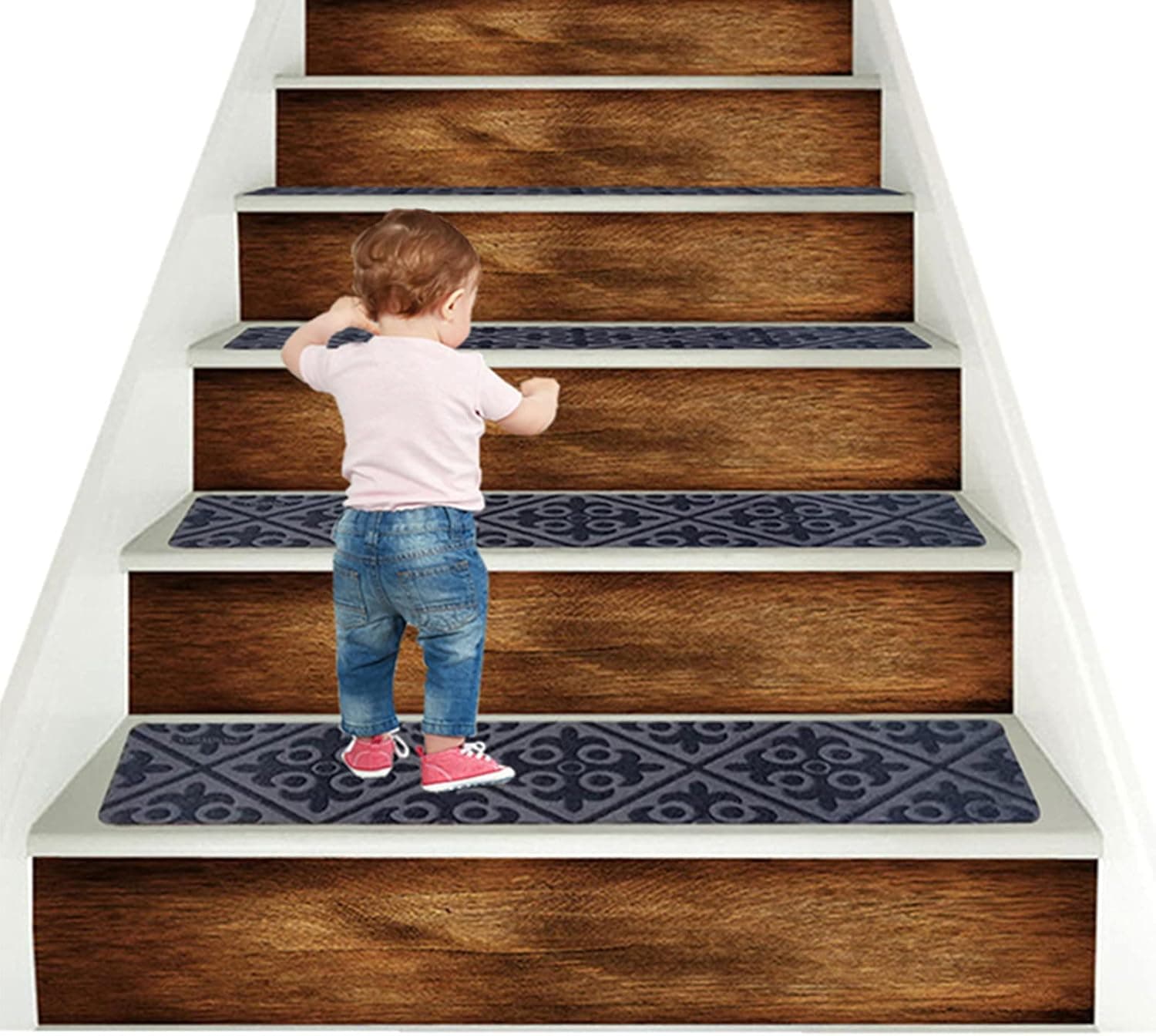 UMIKAkitchen Stair Treads Collection Indoor Skid Slip Resistant Carpet Stair Tread Treads, Glue-Free self-Adhesive, Strong adsorption (Set of 7 (8 inch x 30 inch), European Pattern Gray)