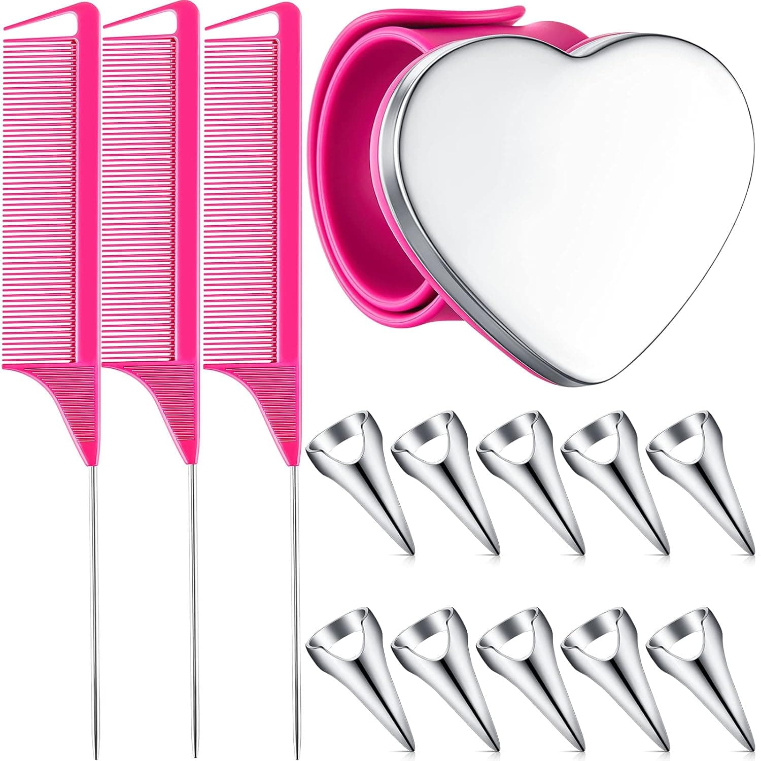 10 Pieces Hair Selecting Ring, 3 Pieces Steel Pin Rat Tail Combs and Magnetic Wrist, Hair Parting and Selecting Tool with Wrist Magnet Pin Holder Salon Set for Parting Braiding Curling (Rose Red)