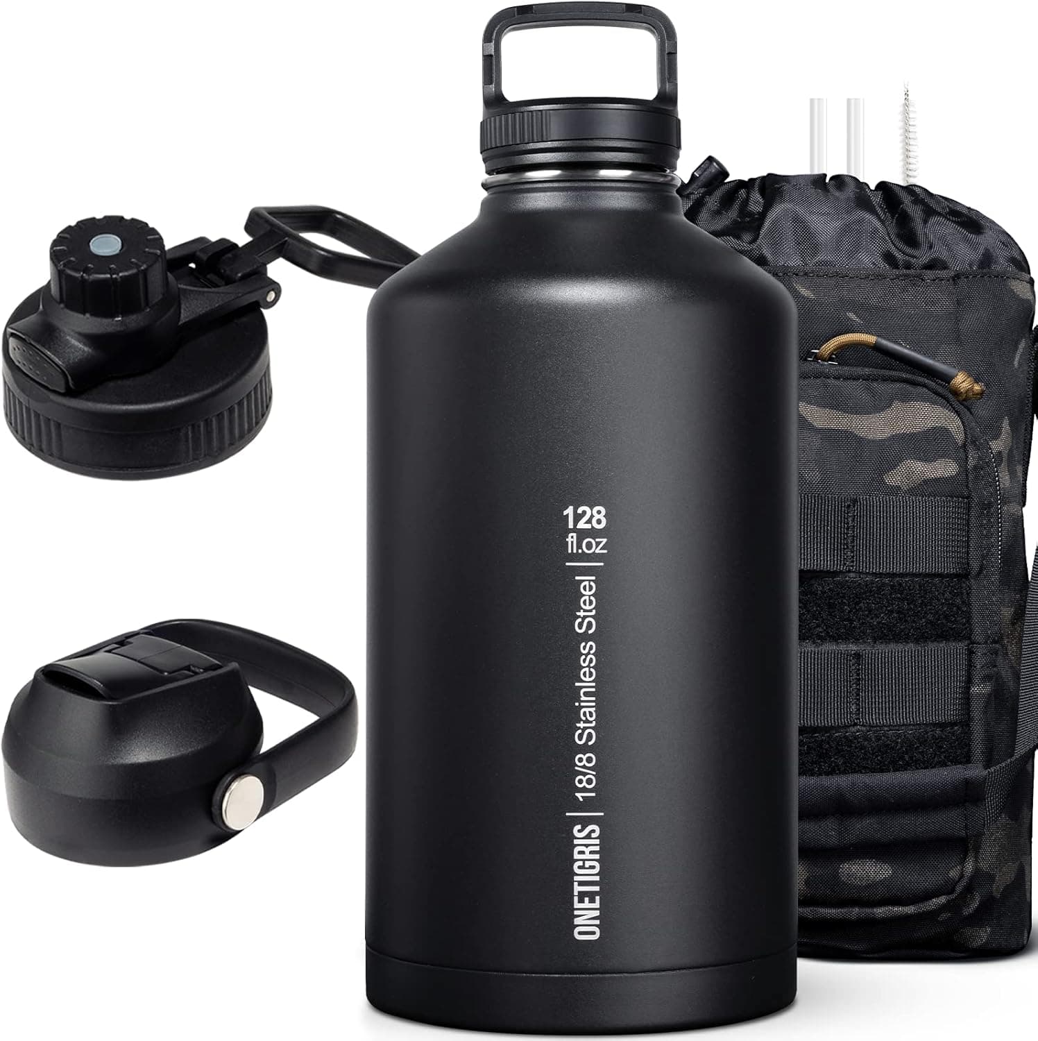 OneTigris 1 Gallon Water Bottle with Straw, Tactical 128 oz Insulated Stainless Steel Water Jug, BPF Free Leak Proof Hydration Water Bottles with 3 Lids, Handle and Carry Pouch for Outdoor Sports Gym