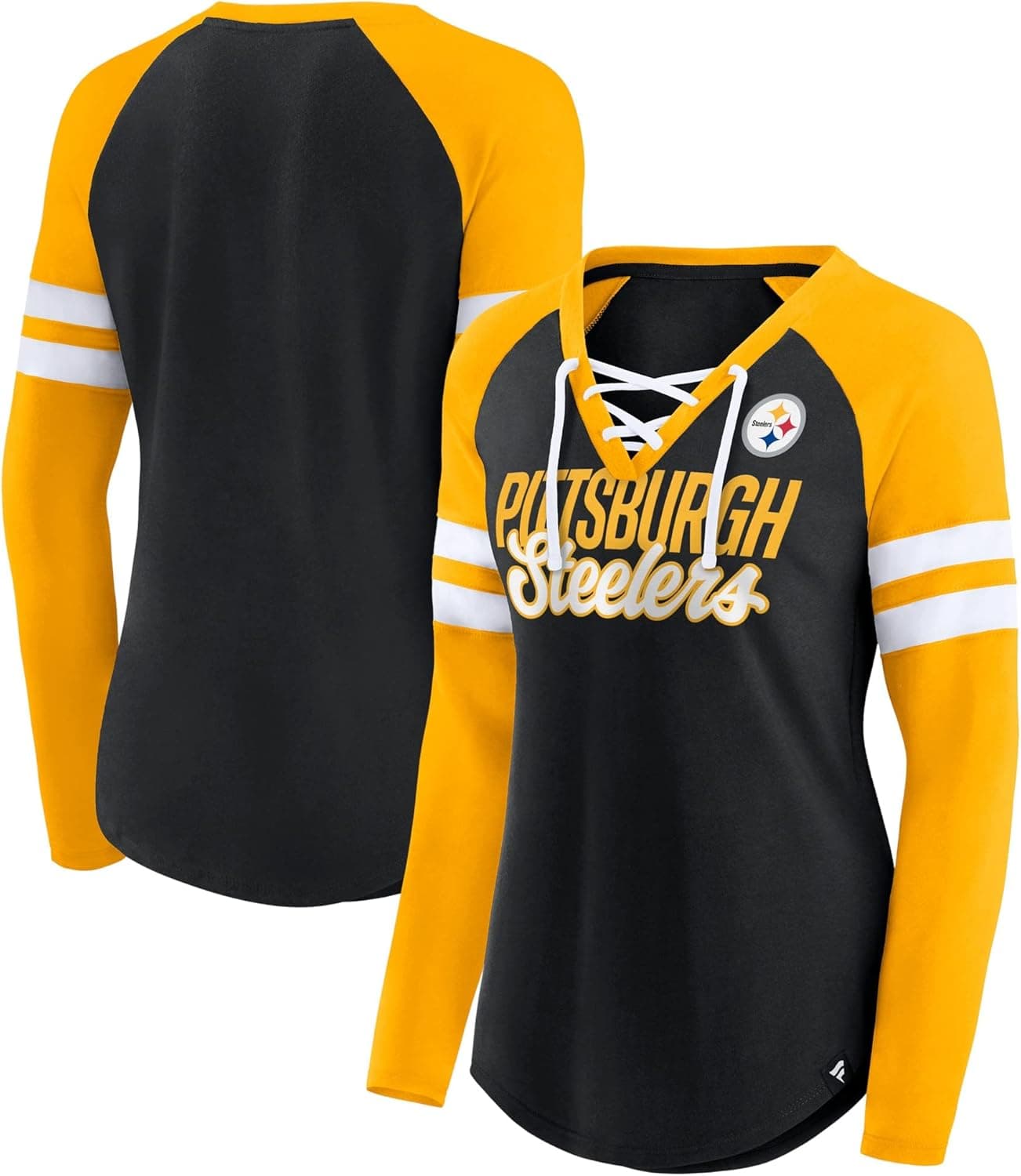 Fanatics Women's Black/Gold Pittsburgh Steelers True to Form Raglan Lace-Up V-Neck Long Sleeve T-Shirt