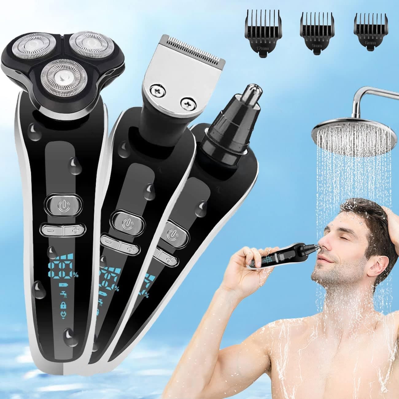 Electric Razor for Men - Electric Shavers Men's Beard Trimmer with 3 Speed Levels, 3 in 1 Rotary Shavers Wet/Dry Waterproof, Rechargeable Cordless Hair Clippers Nose Sideburn Trimmer Mens Grooming Kit