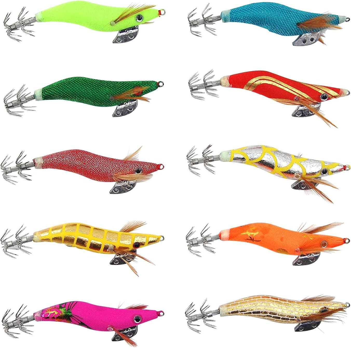 Squid Jig Glow Fishing Lures - 10PCS Shrimps Prawn Luminous Tail Glow in Dark Artificial Hard Spinner Lures Kit Tackle Hook for Cuttlefish Octopus
