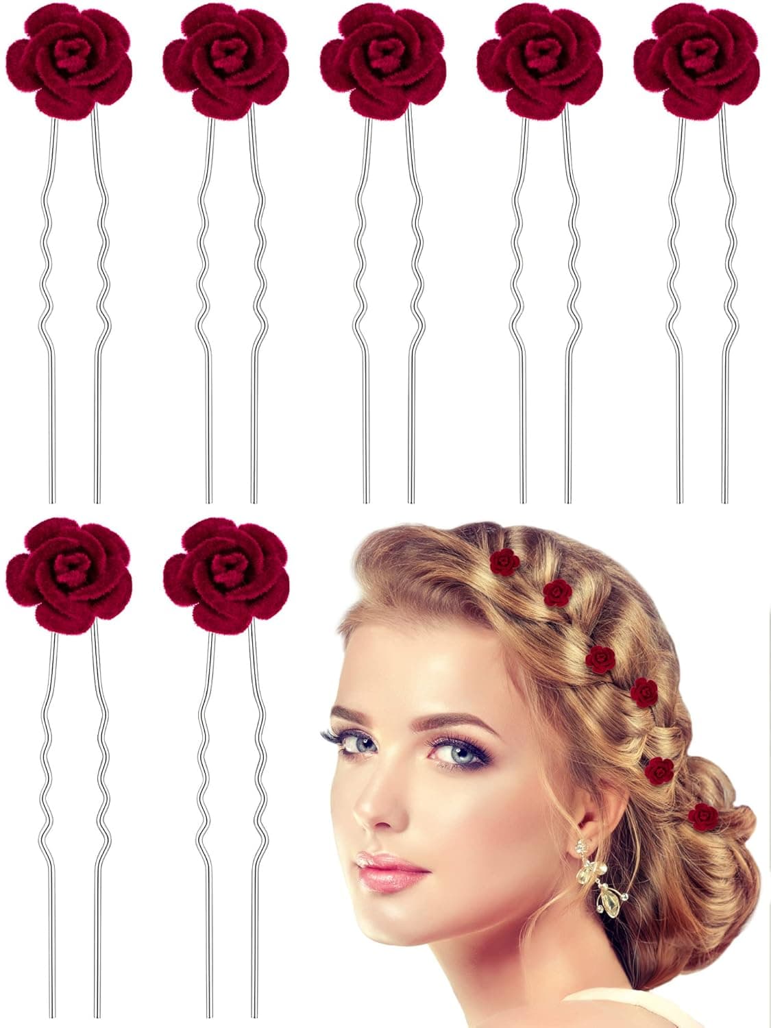 24 Pieces Red Rose Bridal Hair Pins Flower Hair Clips U Shaped Hair Jewelry Accessories for Bridal Wedding Dance Birthday Woman Girls Small Bobby Pins for Hair