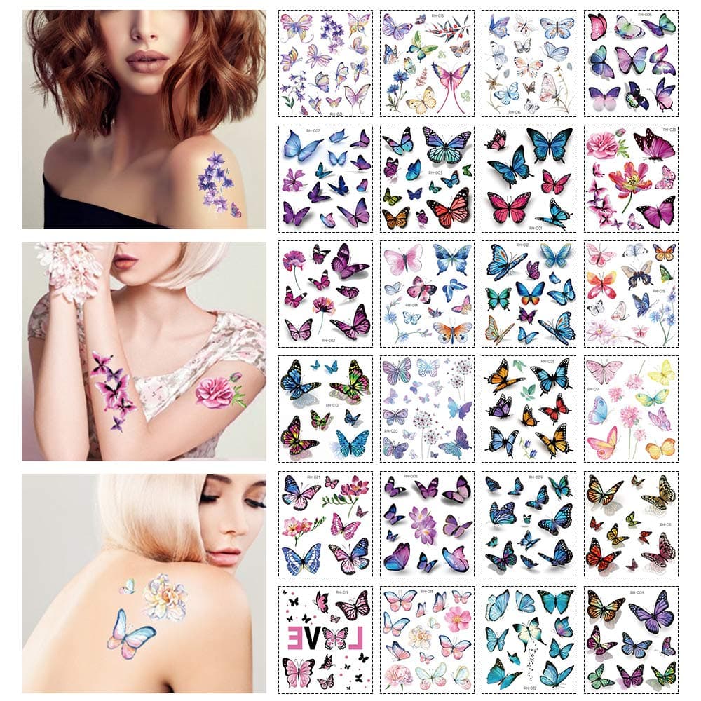 24 Sheets Butterfly Tattoos Stickers 3D Temporary Butterfly Tattoo Body Art Waterproof Decal Sticker Tattoos for Woman Girls Kids