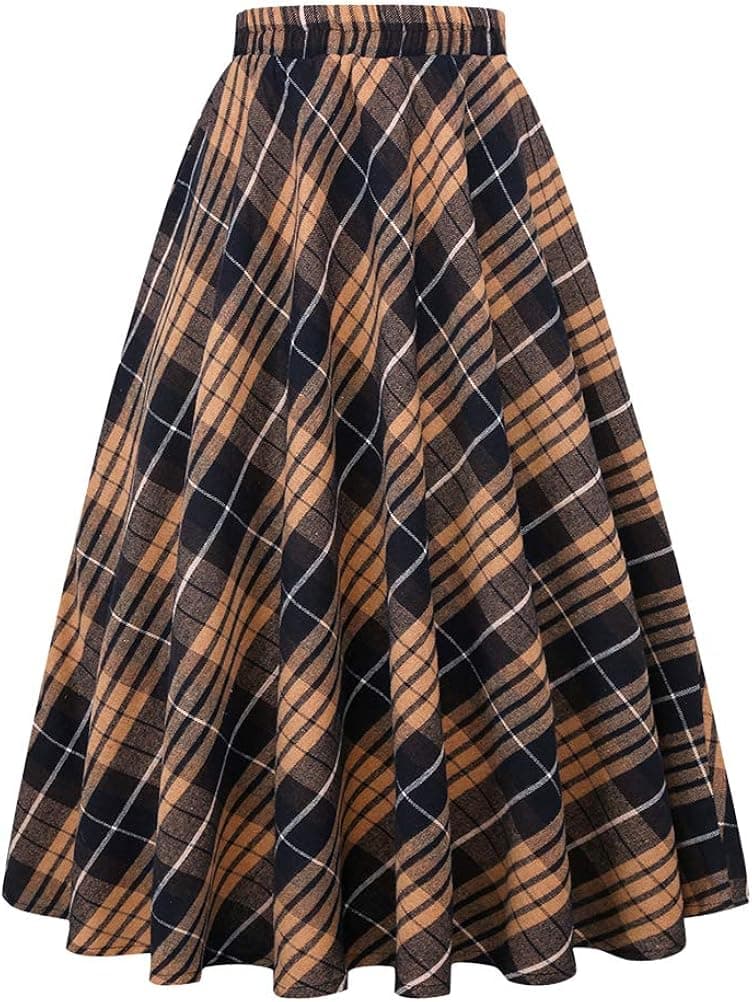 IDEALSANXUN Women’s Plaid Skirt Elastic Waist A-line Midi Pleated Skirts