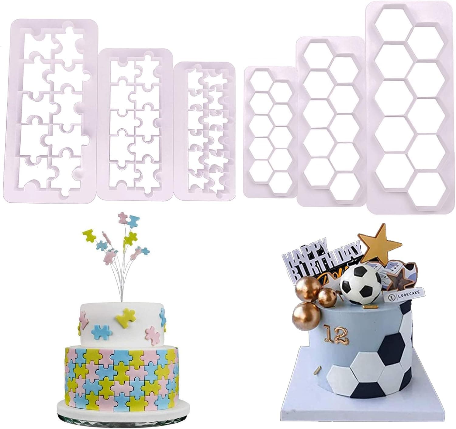 ISKYBOB 6 Pieces Geometric Cookie Cutter Hexagon and Puzzle Fondant Embossing Plastic Mold Cake Border Texture Impression Mat Baking Decor Templates