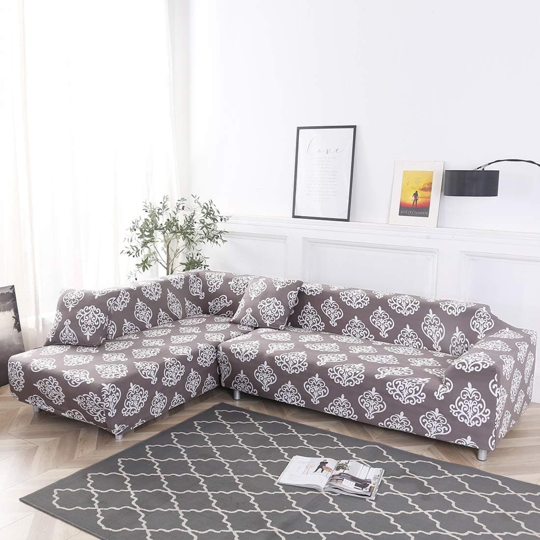 OSISLE High Elastic Printing Polyester L-Shaped Sofa Cover Non-Slip Sofa Cover; 2PCS Elastic Sleeve Sliding Cover + 2 Pillow Cases(L-Shape 3+3 Seats) (BC004)