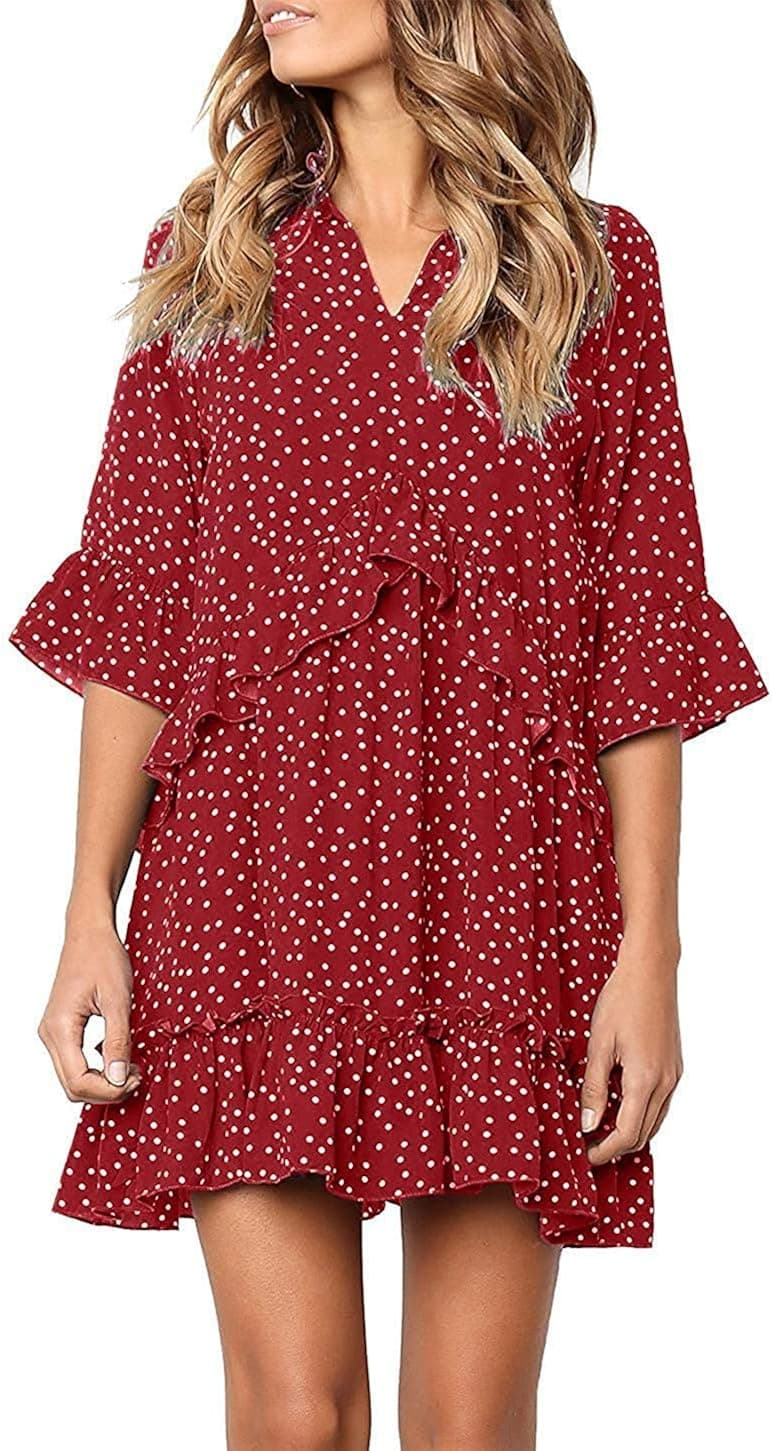 MISSLOOK Women's V Neck Ruffle Dress Polka Dot Bell Sleeve Dress Loose Swing Shift Mini Dress with Pockets - Burgundy M