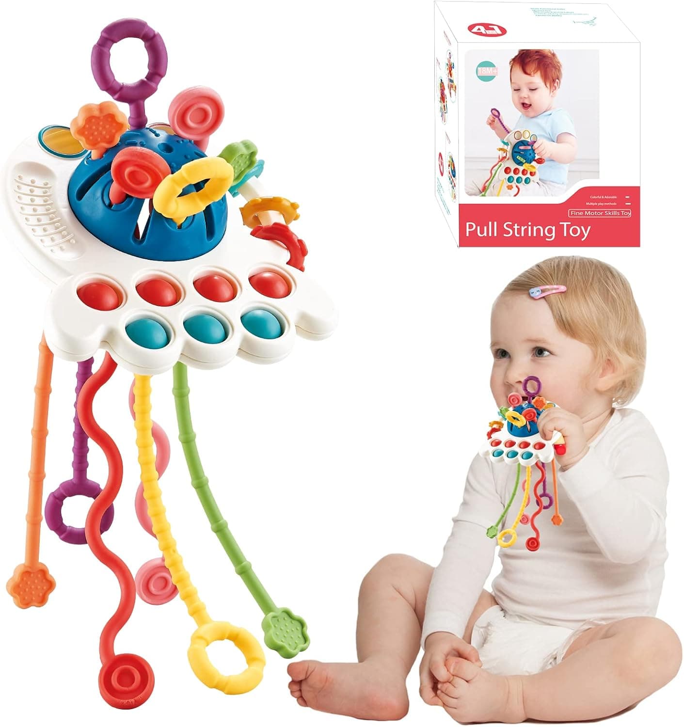 Charmspal Sensory Push Pull Toy for Baby - Toddler Pull String Fine Motor Skills Toy Food Grade Silicone Interactive Travel Toy Infant Early Development Toy Birthday Gift for Boys and Girls