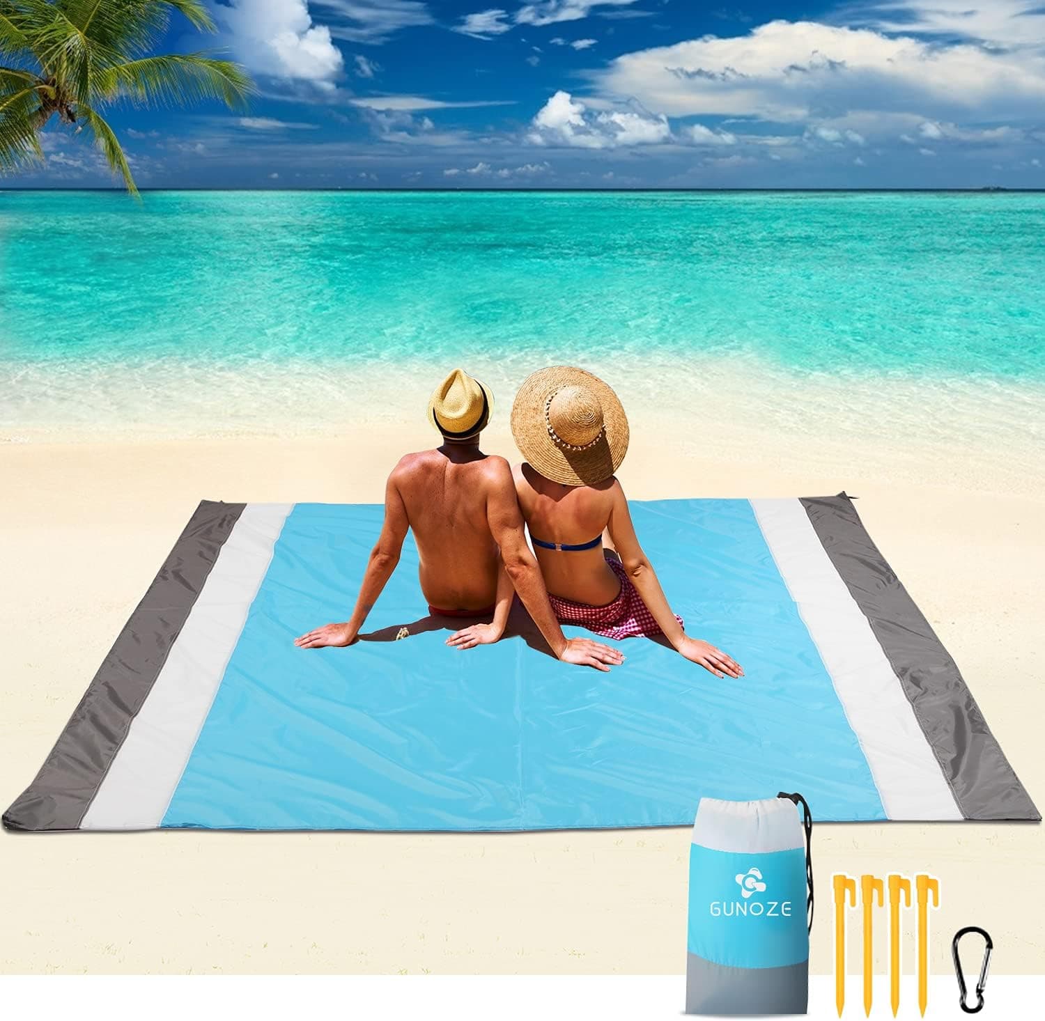 Gunoze Beach Blanket, 79"x89" Large Size Lightweight Beach Mat for 5-7 Adults, Waterproof and Sandproof Outdoor Beach Blanket, with 4 Anchors Stakes and sandbag, Perfect for Travel, Camping, Beach