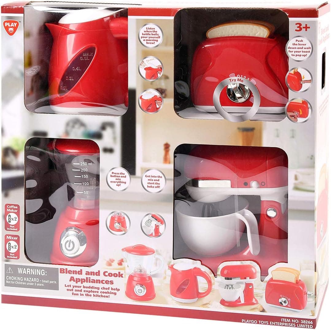 PlayGo Kitchen Appliances Child Kettle, Blender, Mix Master and Toaster Pretend - My First Kitchen Appliance for Toddlers - Complete Set of Kitchen Appliances with Contemporary Styling