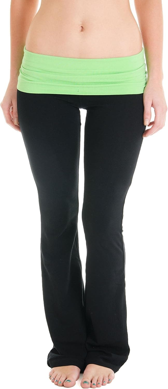 Cotton Cantina Juniors Fold Over Cotton Spandex Pants (Large, Black/Bright Green)