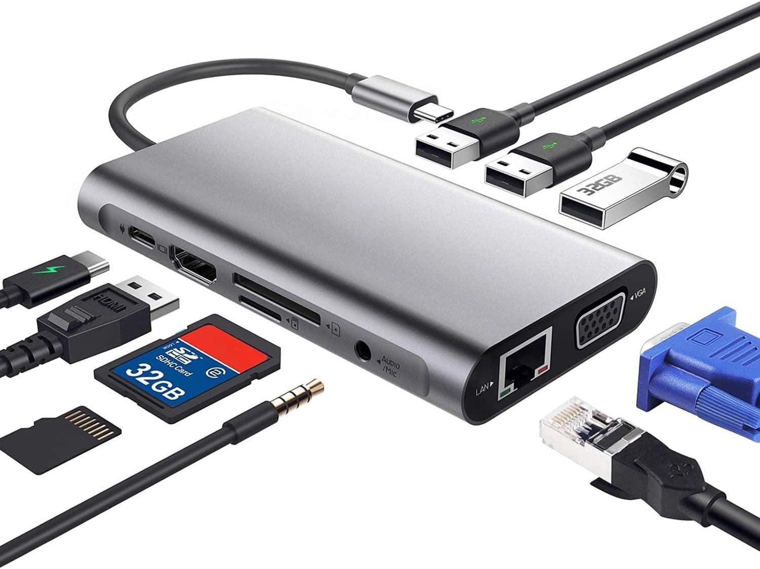 USB C Hub Laptop Docking Station, Senli 10-in-1 Type C Hub Adapter Dual Monitor Docking Station with 1000M RJ45 Ethernet, 4K HDMI, VGA, USB 3.0 Ports, PD Fast Charge, SD&TF Card Reader, Audio Mic Port