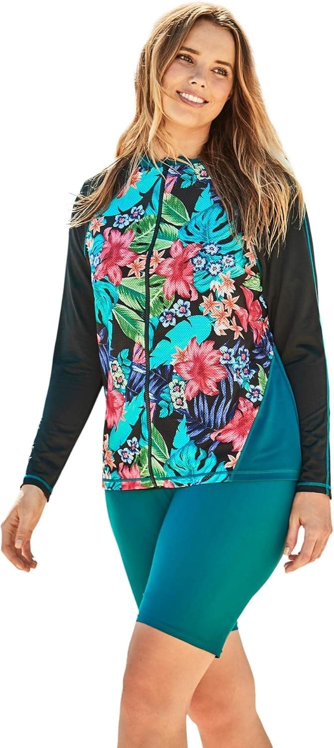 Swimsuits For All Women's Plus Size Long-Sleeve Colorblock Swim Tee - 34, Black Tropic Floral Multicolored