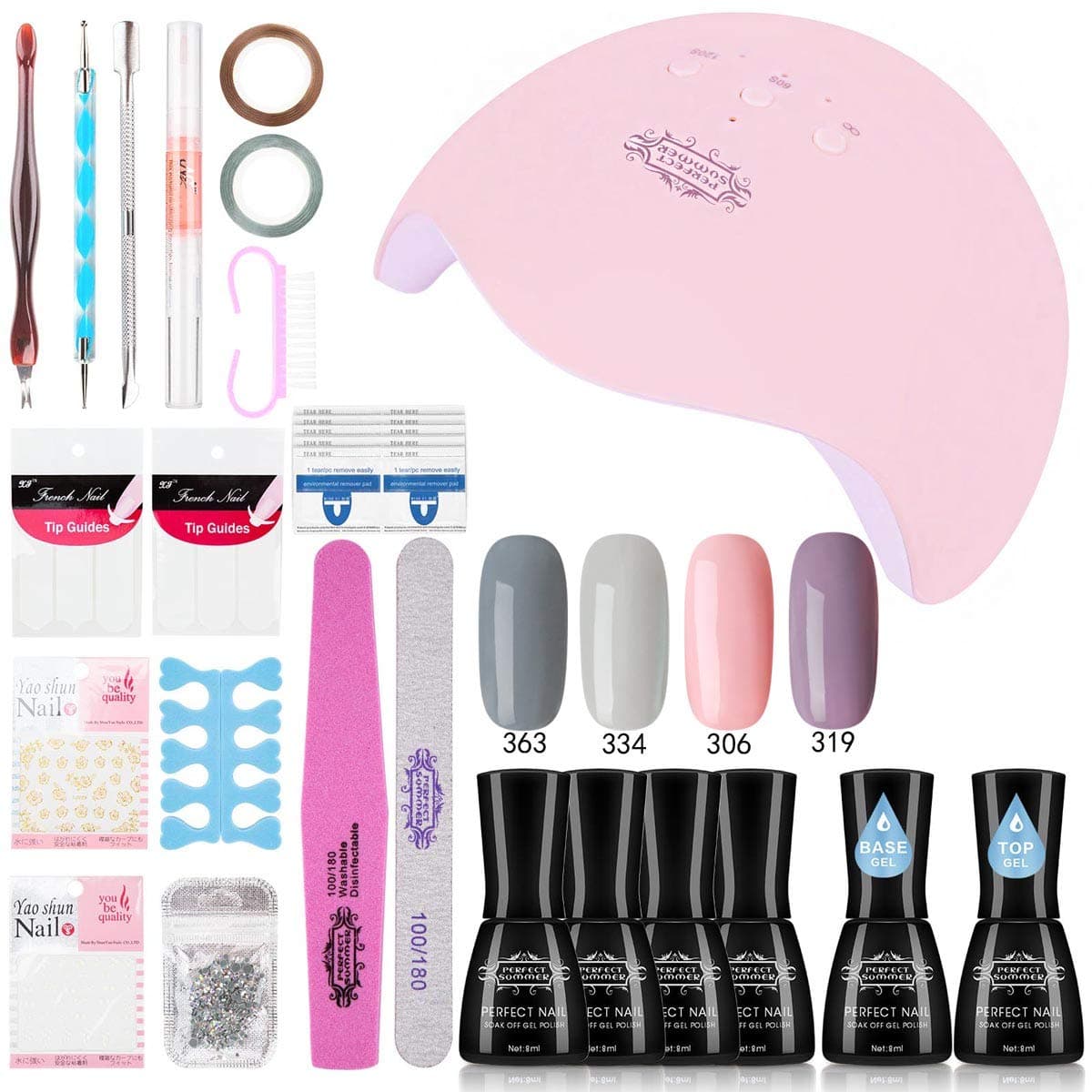 Perfect Summer Gel Polish Nail Starter Kit, with 4 Colors Gel Nail Polish 8ML LED Lamp Top Coat Base Gel Nail Art Tools Manicure Set 003