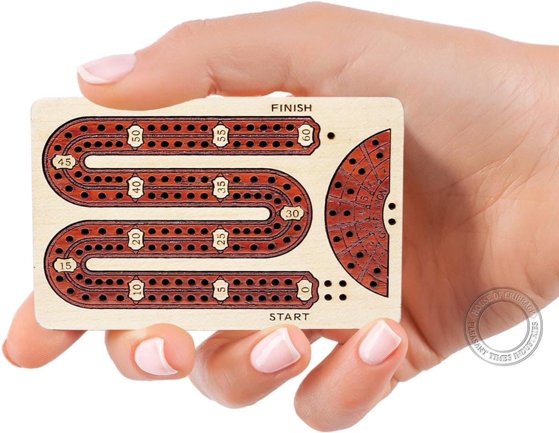 House of Cribbage - 2 Track - Wooden Travel - Pocket Size Cribbage Board - Size: 4 Inch - Storage Space for Cribbage Pegs - Score Marking Fields for Won Games - 60 Points - Non Continuous
