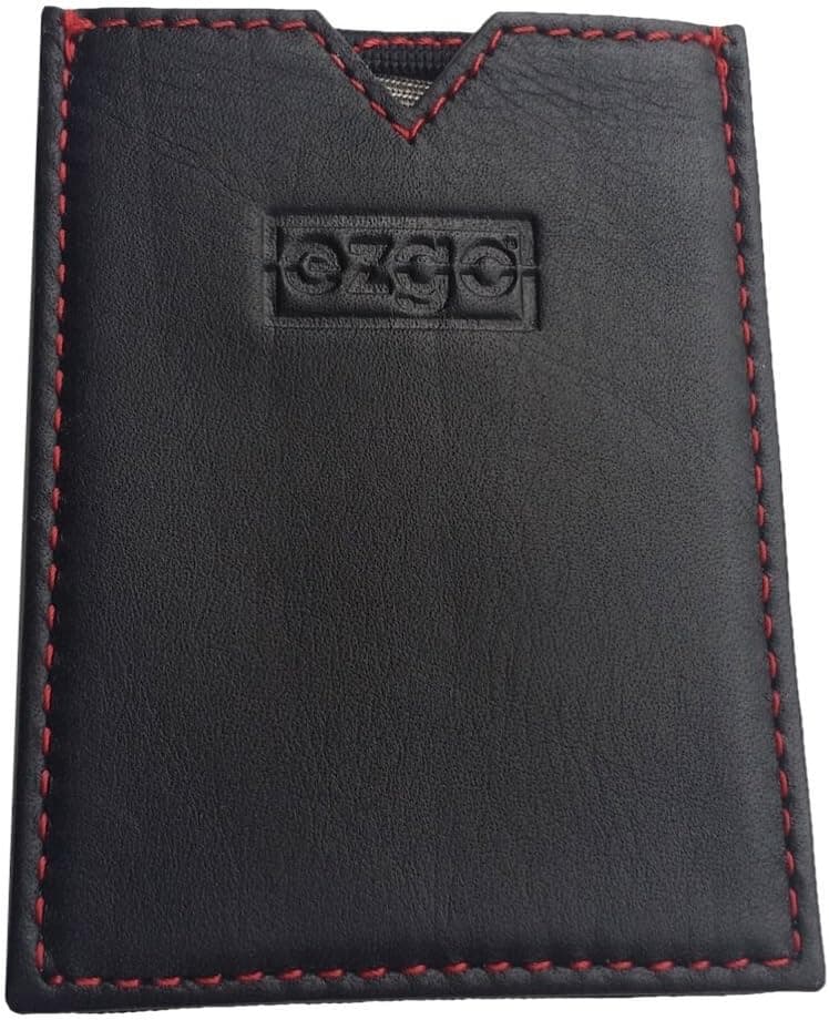 EZGO Wallet: Super Slim, Top Grain Leather, Lightweight, RFID Blocking, Hand made, Easy to use, elastic strap for Cash/Receipts - Black w/ Red stitching - Slim 1.0