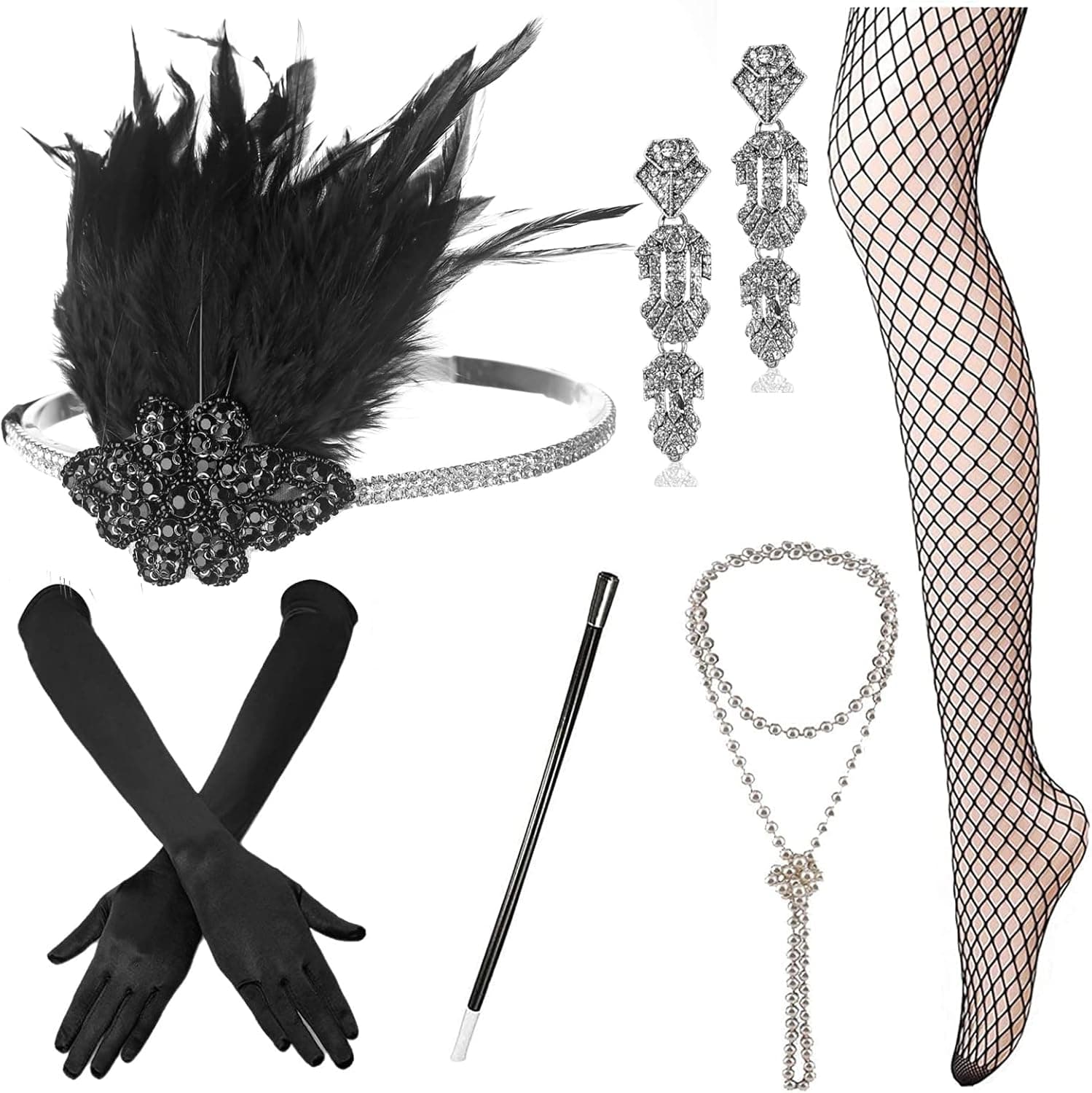 ZeroShop 1920s Accessories Set Flapper Headband,Earrings,Pearl Necklace,Gloves,Net Tights,Pearl Bracelet