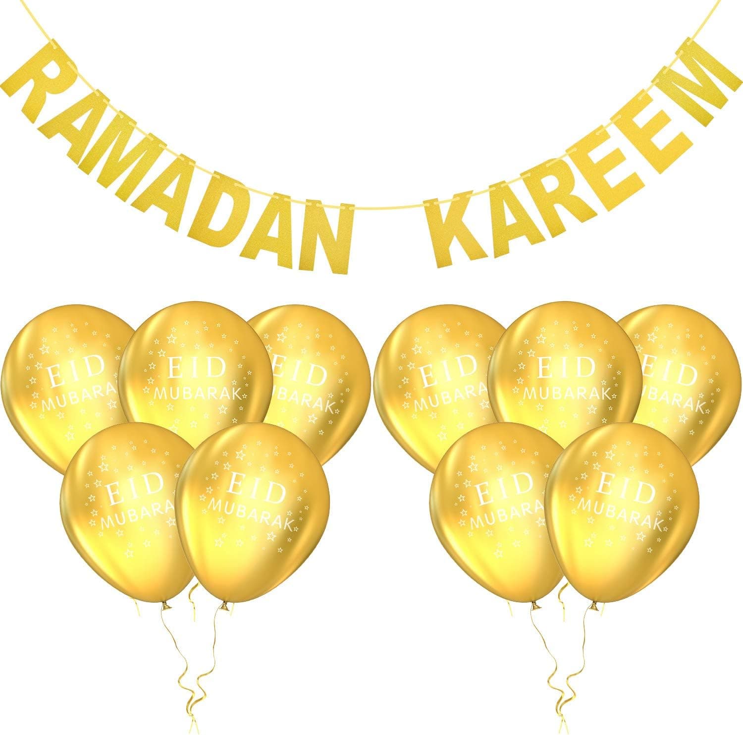 Zonon Eid Mubarak Festival Party Decoration Set, Include Ramadan Kareem Banner and 10 Pieces Gold Balloons with Eid Letters for Home Party Decoration