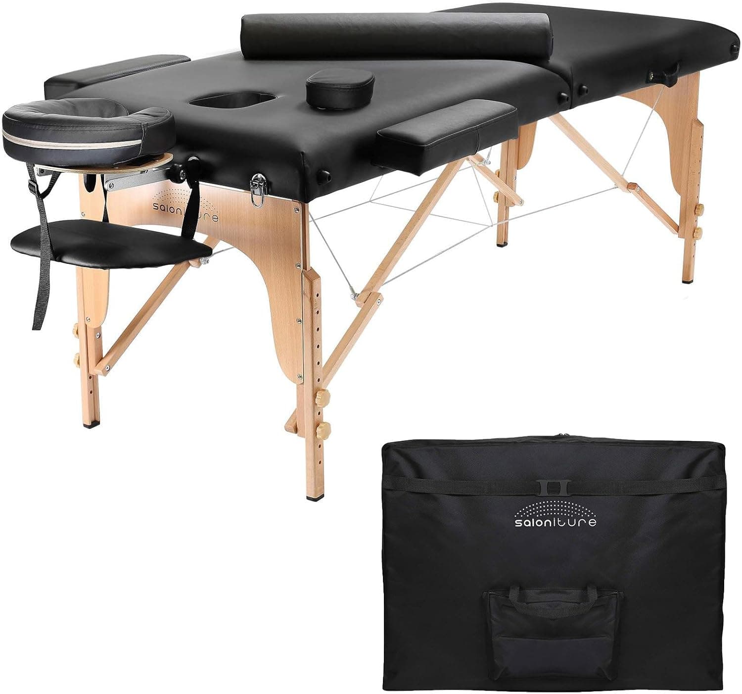 Saloniture Portable Folding Massage Table with Aluminum Headrest - Black