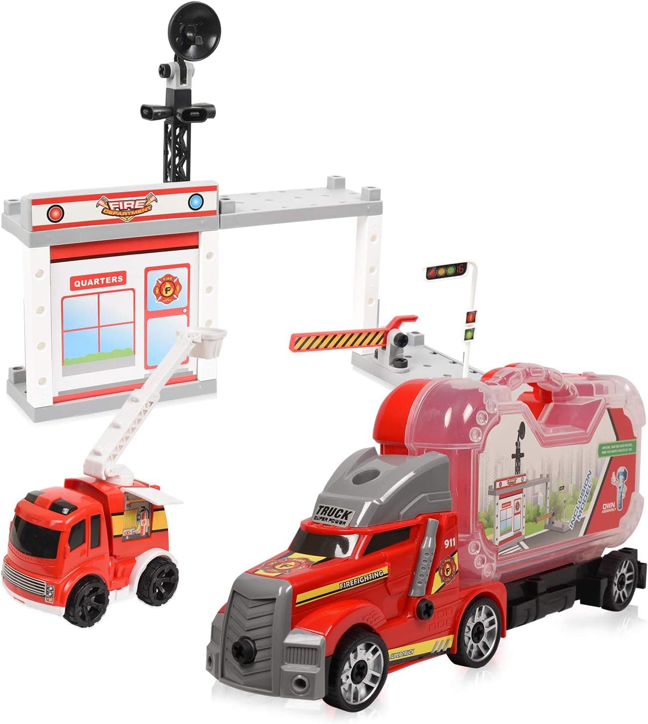 WolVol Take-A-Part Fire Station - Fireman Command Center Construction Playset w/ Screwdriver for Kids & Children