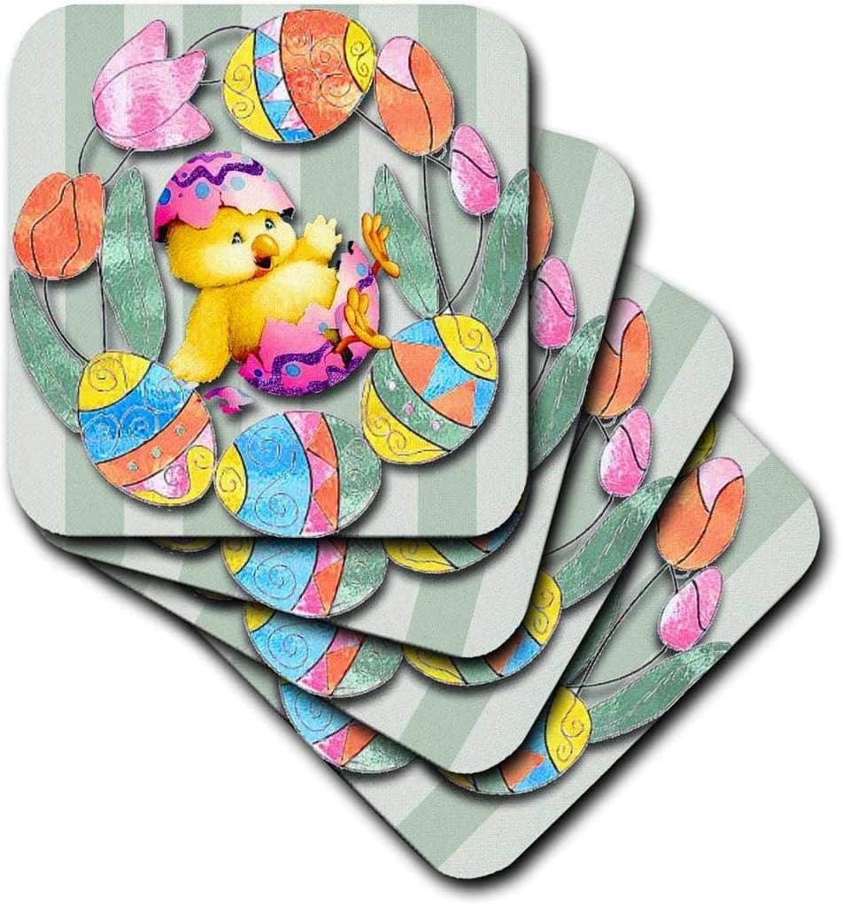 3dRose Cute Easter Chick and Eggs All Decorated Around Pretty Tulips - Ceramic Tile Coasters, Set of 4 (CST_167131_3)