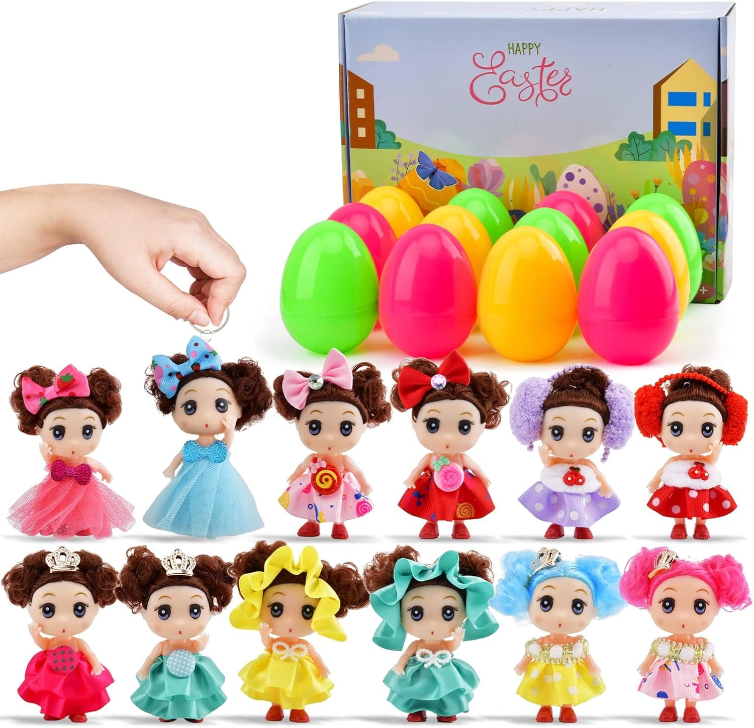 Easter Eggs Prefilled with 12 Fashion Beauty Dolls, Easter Basket Stuffers Gifts Keychain for Girls Kids Toddler Teens for Easter Egg Hunt, Classroom Prize, Party Supplies，Party Favors